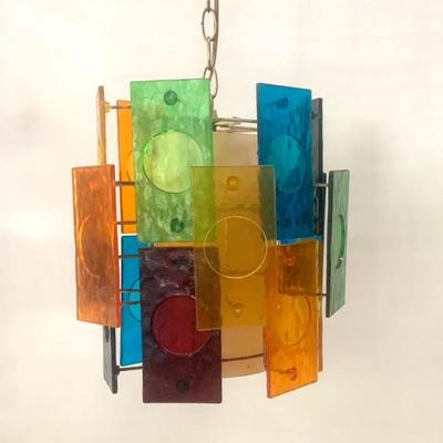 How much fun is this?  Mid-century hanging fixture w/ multi-color plastic panels, missing one.