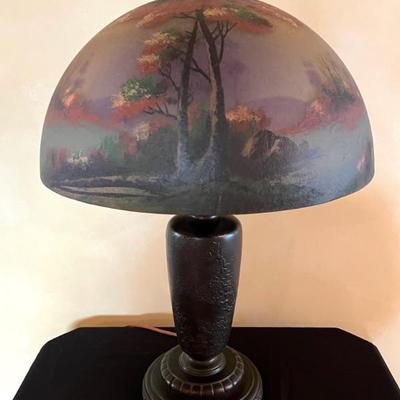 Antique Table Lamp Attributed to Jefferson. A gorgeous lamp featuring an iridescent scene of birch trees accented with a metal floral...