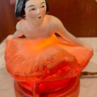 Gulper Pottery Art Deco Ballerina Lamp measuring 6 inches tall. The cord has lots of damage and there is perfume residue around the edges...