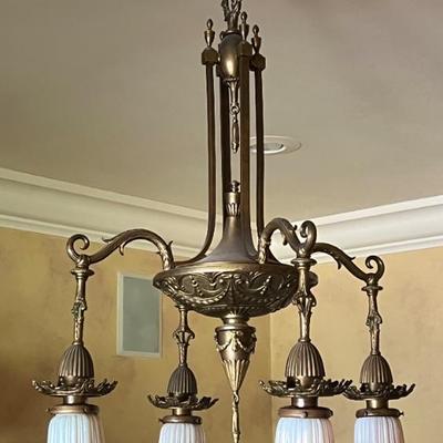 Gorgeous Dining Room Chandelier Four with Quezal Glass Shades. 

A beautiful ornate brass intricately designed fixture paired with four...