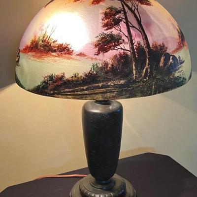 Antique Table Lamp Attributed to Jefferson. A gorgeous lamp featuring an iridescent scene of birch trees accented with a metal floral...