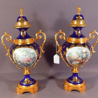 Pair fine hand painted Italian porcelain & gilt urns
