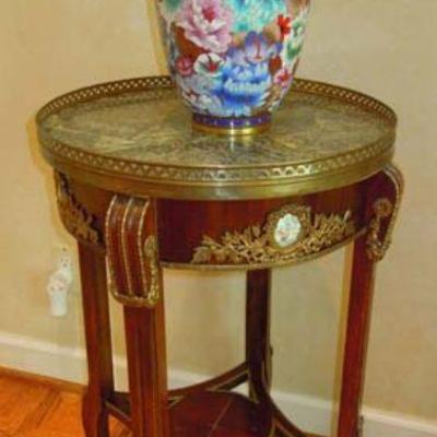 one of two Italian tables with marble tops & cloisonnÃ© vase