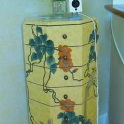 Oriental eight drawer pedestal & large emerald overlay crystal  pedestal vase 