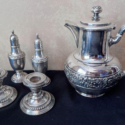 Sterling silver items - NS candlesticks, Rogers salt & pepper shakers and Tiffany teapot 