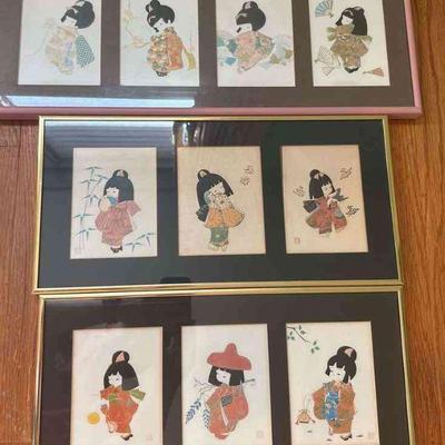 PCT065 - Vintage Japanese Framed Art Prints - Little Girls in Kimono