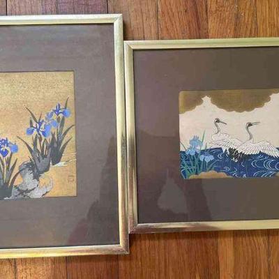 PCT067 - Two Framed Beautiful Japanese Art Prints - Cranes & Water Lilies