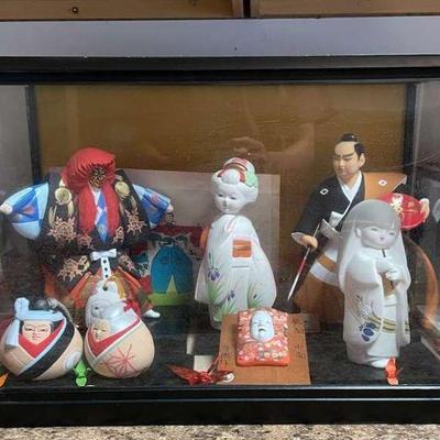 PCT097- Another Assortment of Vintage Ceramic Japanese Figurines in Glass Display Case