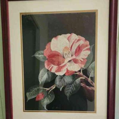 PCT052 - Vintage Framed and Matted Embroidered Flower in Bloom