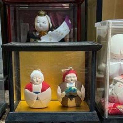PCT085- Three Vintage Japanese Ceramic Figurines in Display Cases