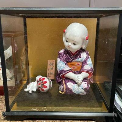 PCT084- Vintage Japanese Ceramic Figurines - Girl & Dog w/Ball in Glass Display Case