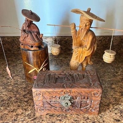 PCT038- Assorted Vintage Wooden Figurines, Sandalwood Jewelry Box & Vase