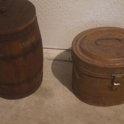 Antiques Metal Can with Latch Wooden Barrel