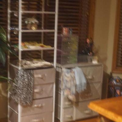 Metal Shelves w/ fabric Drawers, Assorted Scarfs, Bottle Gift Bags