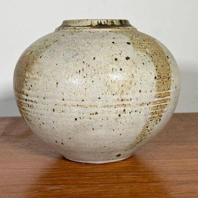 RICK CROWN ROUND VASE | Short, round, glazed ceramic stoneware vase by Rick Crown in an earth-tone palette. - h. 7.5 x dia. 8.5 in 