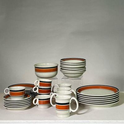 HOGANAS SWEDEN STONEWARE | Six dinner plates, eight salad plates, seven bowls, one deep bowl, four coffee cups, five teacups, and six...