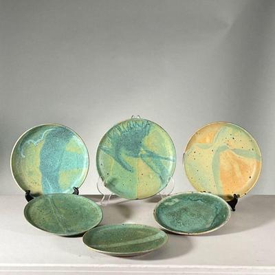 (6PC) RICK CROWN PLATES | Set of six ceramic plates with marbled green and yellow glaze, signed 