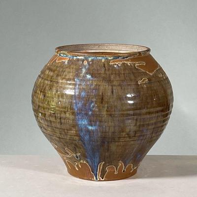 RICK CROWN GLAZED URN POTTERY | Large round urn with brown and blue glaze, signed â€œRick Crown 1980â€ on bottom. - h. 10.5 x dia. 11 in 