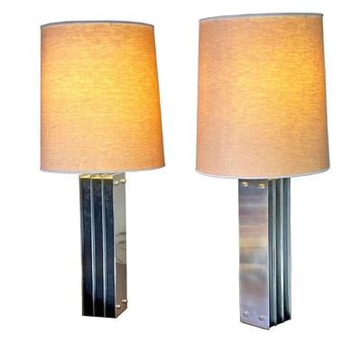 (2PC) PAIR LAUREL LAMP CO. CHROME & EBONIZED OAK LAMPS | C. 1960's/ 70's Laurel Lamp Company mid-century modern chrome and ebonized oak...