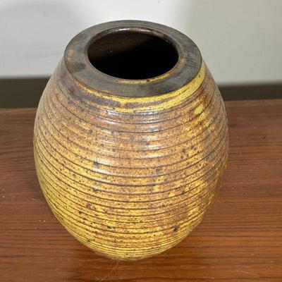 RICK CROWN BEEHIVE VASE | Yellow and brown glazed ceramic stoneware vase in beehive shape with raised ridge design. Made by Rick Crown. -...
