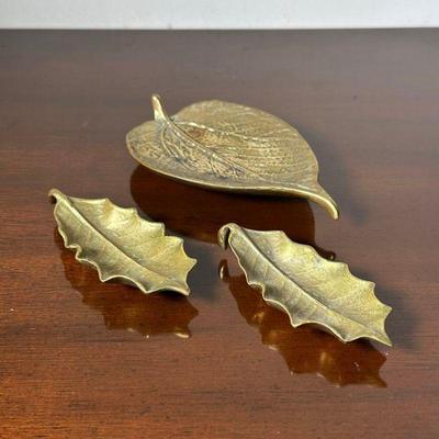 (3PC) BRONZE LEAVES | Including larger bronze Paper Mulberrry leaf and pair of bronze Holly leaves, Paper Mulberry marked on bottom...