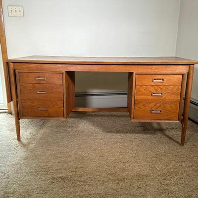 MID-CENTURY DESK | Mid-century desk with 13.5 in drop leaf and floating two-drawer cabinets on either side. - l. 61 x w. 27 x h. 29 in 