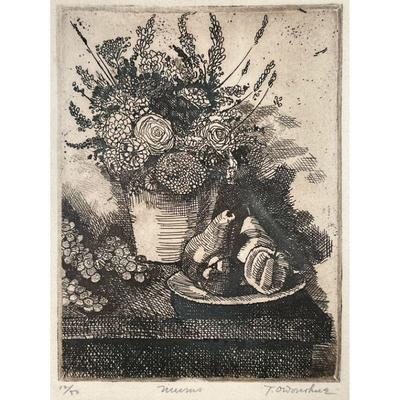 STILL LIFE LITHOGRAPH | Still life with flowers and fruits. Lithograph on paper. 7.5in x 6in . Showing bouquet of flowers and fruit ....