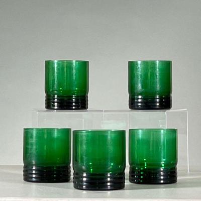 (5PC) GREEN GLASS DRINKING GLASSES | Set of five green glass drinking cups. - h. 3.75 x dia. 3.5 in 