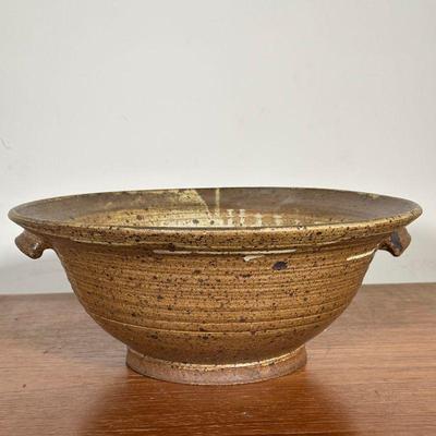 LARGE RICK CROWN GLAZED BOWL | Very large glazed bowl with built-in handles by Rick Crown with personal message on bottom. Ceramic...