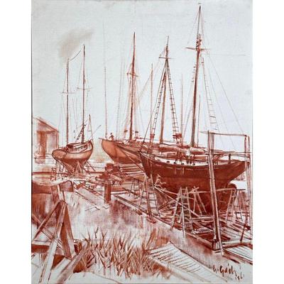 GEORGE GÃCH (HUNGARIAN, 1909-1996) DRY DOCK OIL PAINTING | Red and white oil painting on canvas of sailboats in dry dock, signed G....