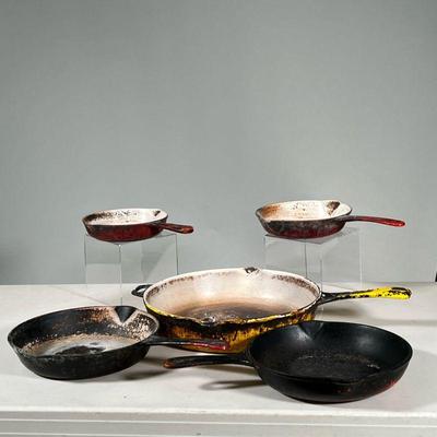 (5PC) LE CREUSET & OTHER ENAMEL PANS | Set of five enamel pans, including some Le Creuset, originally in yellow and orange tones. - l. 19...