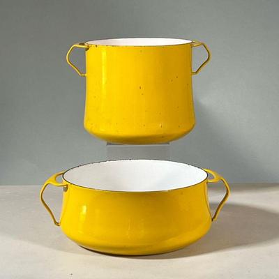 (2PC) DANSK ENAMEL COOKWARE | Set of two bright yellow enamel pots by Dansk International Designs, France. - h. 8 x dia. 12 in (largest) 