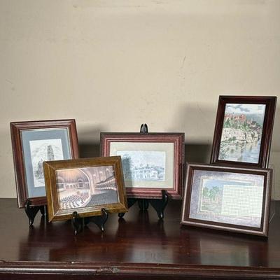 (5PC) MISC. SMALL FRAMED ART | Set of five pieces of framed fine art. Includes depictions of manors, opera houses, and church sketches,...