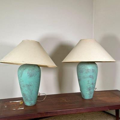 AQUA CERAMIC LAMPS | Textured aqua blue ceramic lamp with wide shade. - h. 24 x dia. 8 in 