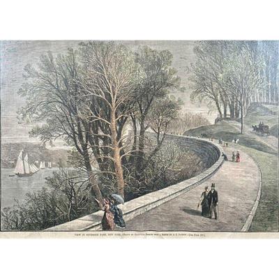 GRANVILLE PERKINS COLORED ETCHING | â€œView in Riverside Park, New Yorkâ€ . Color etching on paper. 9in x 14in. Showing a view from...