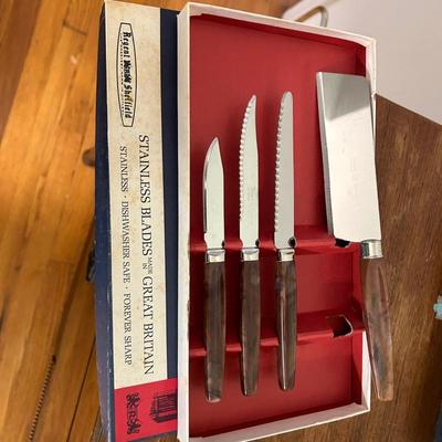 Vintage Sheffield Kitchen Knife Set Bakelite Handles, Art Deco, With Box