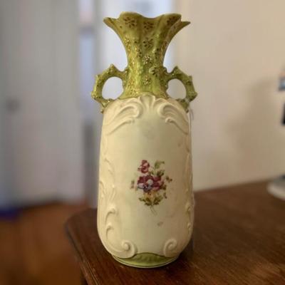 Bisque Handled Vase with Raised Floral Design
