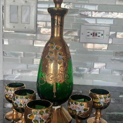 MFL052- Emerald Green Bohemian Glass Decanter Set