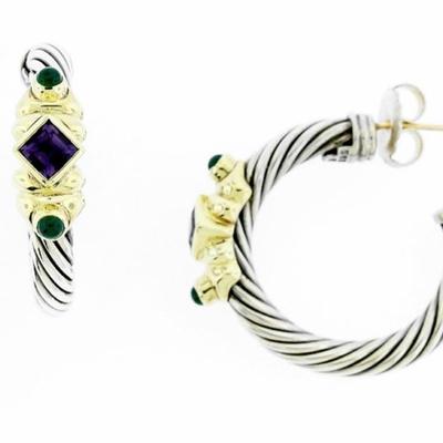 David Yurman earrings, Renaissance Collection. Sterling Silver & 14K yellow gold, green onyx & amethyst 1 1/2" long
