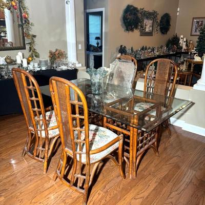 Glass top rattan dining table with 6 Chairs