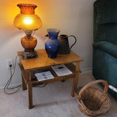 Brown hobnail lamp and small side table