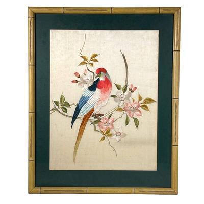 COLORFUL AVIAN NEEDLEPOINT | Depicts beautifully colorful bird sitting atop floral branch, in faux bamboo frame 12 x 16in sight. - l. 17...
