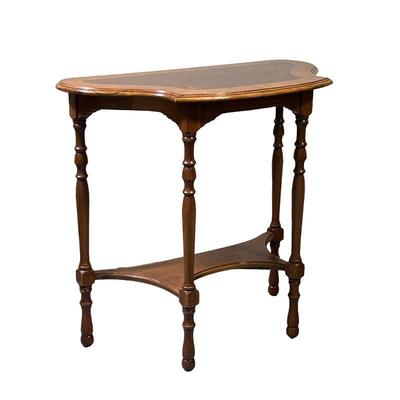 INLAY WOOD SIDE TABLE | Small rounded side table with dark wood inlay on top and small lower shelf above spindle legs. - l. 26 x w. 14 x...