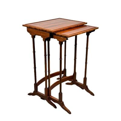 (2PC) PAIR INLAID SIDE TABLES | Carved wood side tables with oval inlay and small border, smaller one fitting into the larger one. - l....