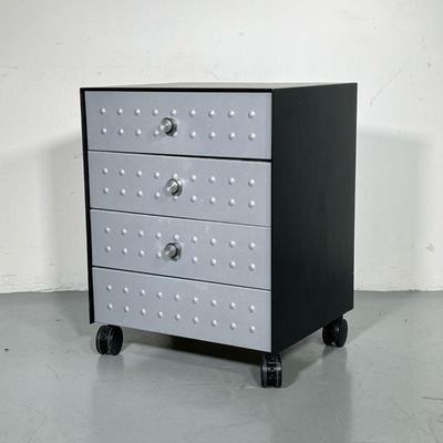 ROLLING METAL CABINET | Black metal cabinet with 4 wooden drawers with metal faces and magnetic pulls on 3/4 drawers. - l. 20.5 x w....