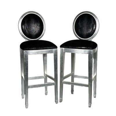 (2PC) PAIR SILVER & BLACK BARSTOOLS | Silver painted wood barstools with faux snakeskin print on black cushions. - l. 17 x w. 16 x h....