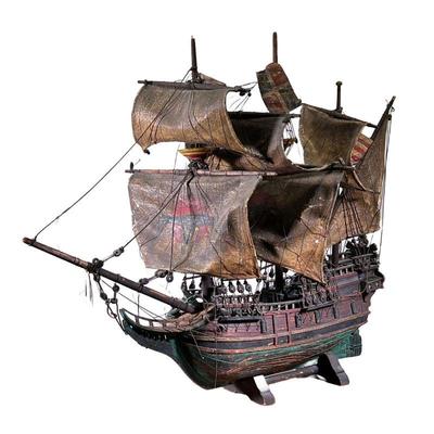 ANTIQUE MODEL MERCHANT SAILBOAT | Large antique model of a 3-master merchant ship with scale sails, flags, ropes, lines and pulleys. - l....