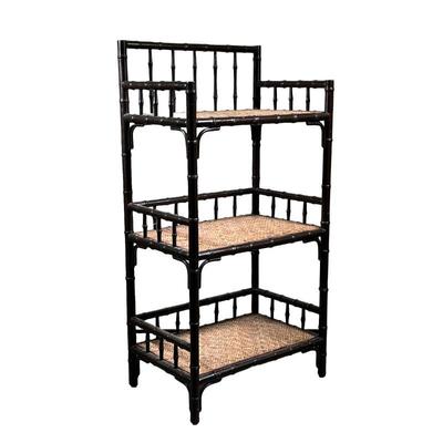 BAMBOO SHELVING | 3-tiered bamboo shelving unit with 3 woven shelves and bamboo railing. - l. 24 x w. 15.5 x h. 47 in 