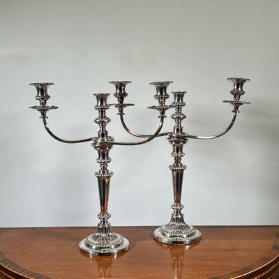 (2PC) PAIR-PAINTED SILVER CANDELABRAS | Pair of silver painted candelabras with curved metal arms supporting 2 candleholders. - l. 16 x...