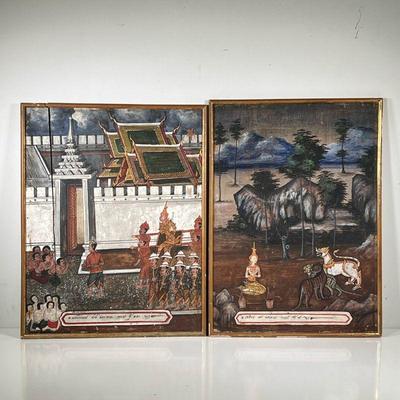 (2PC) PAIR ANTIQUE EAST ASIAN PAINTINGS | Paint on board depicting scene of leader being led into palace and religious figure in woods...